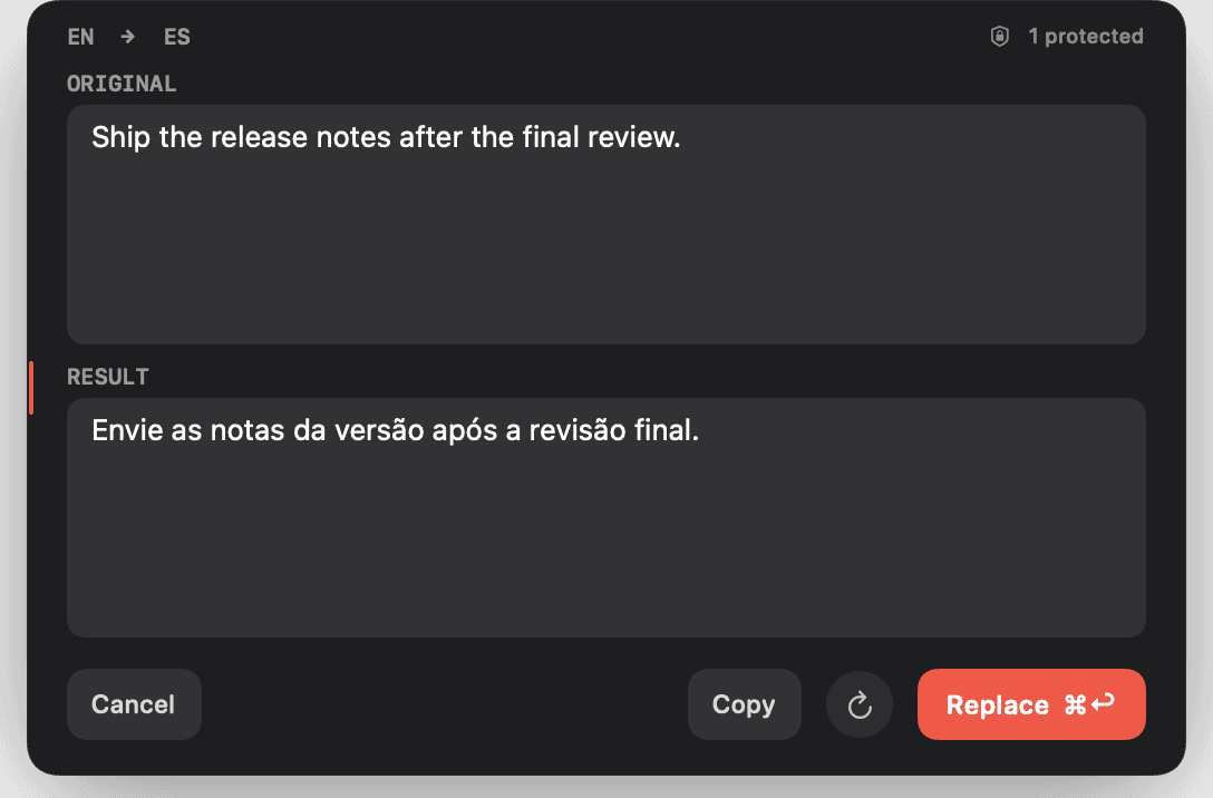 Elsewrite Review capsule with a language route, protected term, translated result and Replace action
